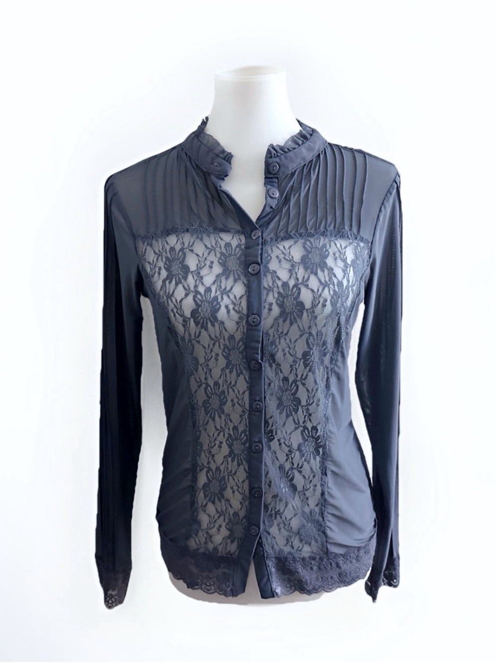 WD.NY Black Lace-Front Pleated Button-Down Blouse Workwear Whimsygoth Victorian
